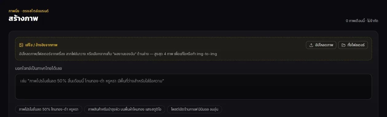 หน้าสร้างภาพของ Astora — ช่องพิมพ์โจทย์ภาษาไทยพร้อมตัวอย่างโจทย์